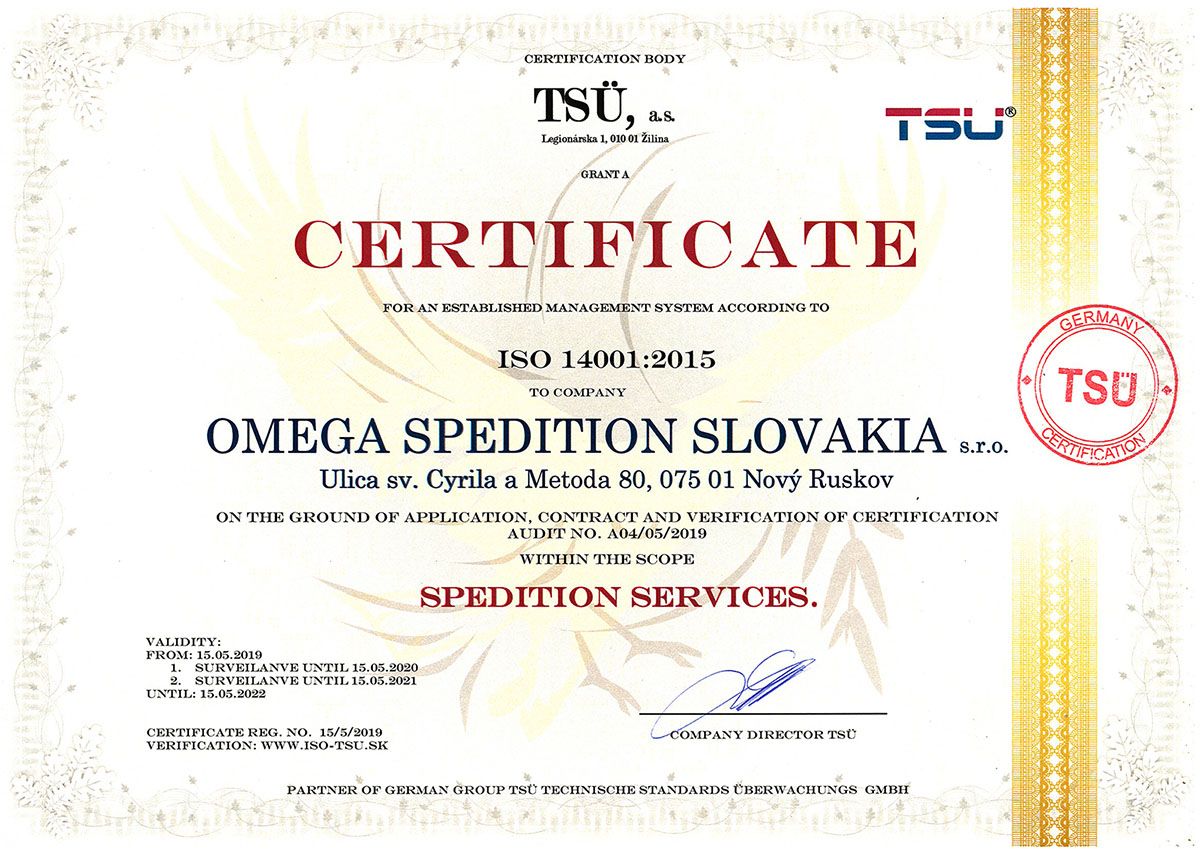 ISO 14001 OMEGA SPEDITION SLOVAKIA s.r.o.