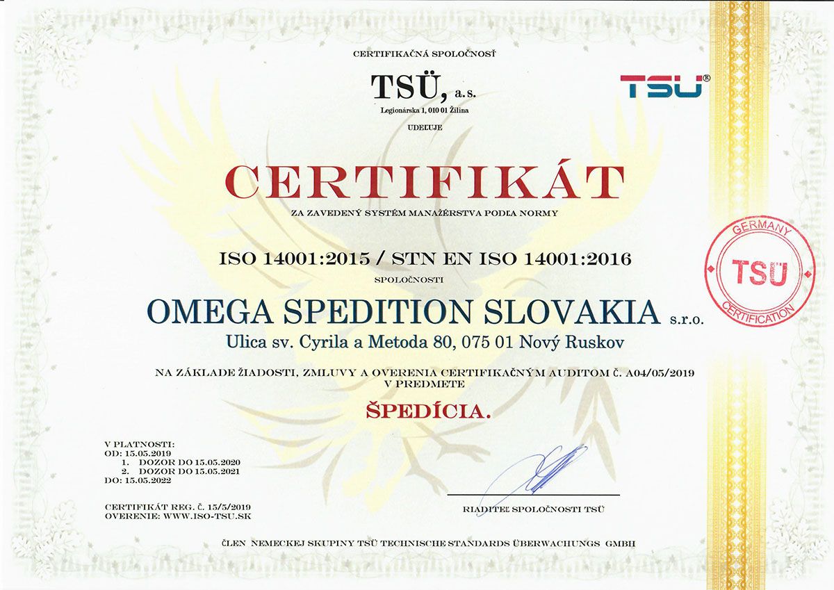 ISO 14001 OMEGA SPEDITION SLOVAKIA s.r.o.
